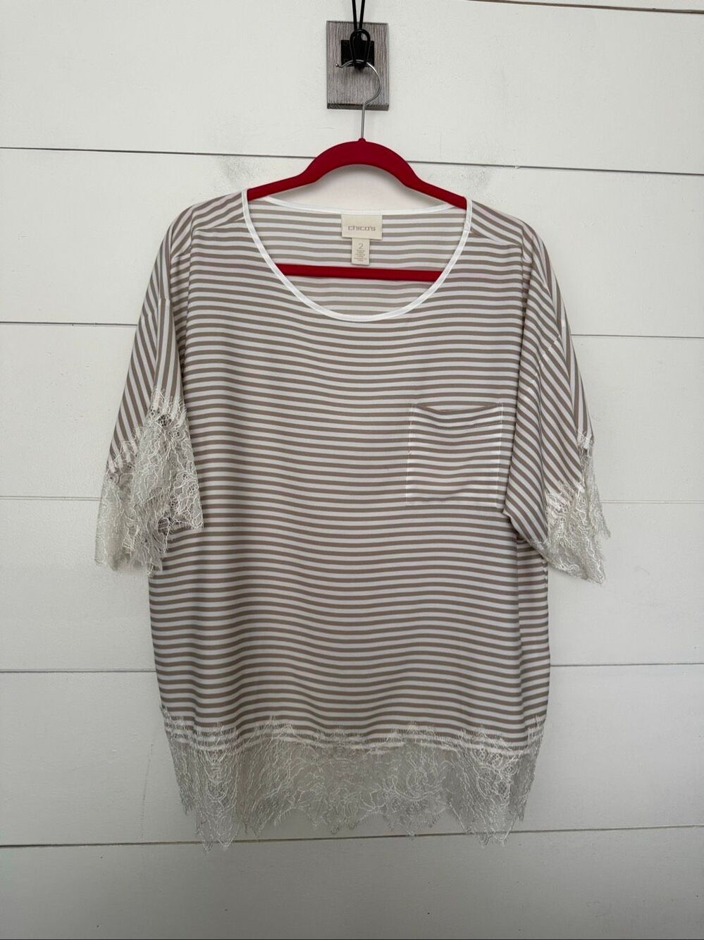 Chico’s Women’s 2 Tan White Lace Short Sleeve Top Blouse